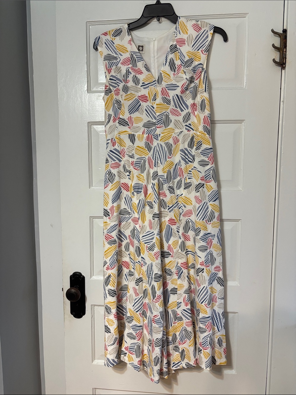 Anne Klein White Midi Dress with Pink, Yellow & Blue Leaf Print